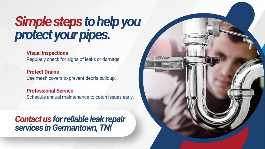 This is an image of a plumber checking pipes. The headline reads; Simple steps to help you protect your pipes.